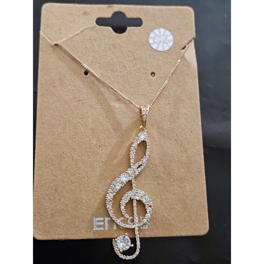 Gold Treble Clef Cubic Zirconia Music Note Pendant Necklace CZ
